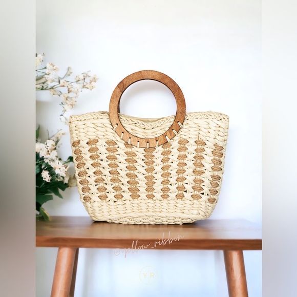 Yellow Ribbon Handbags - NEW Small Braided Round Handle Tote Bag